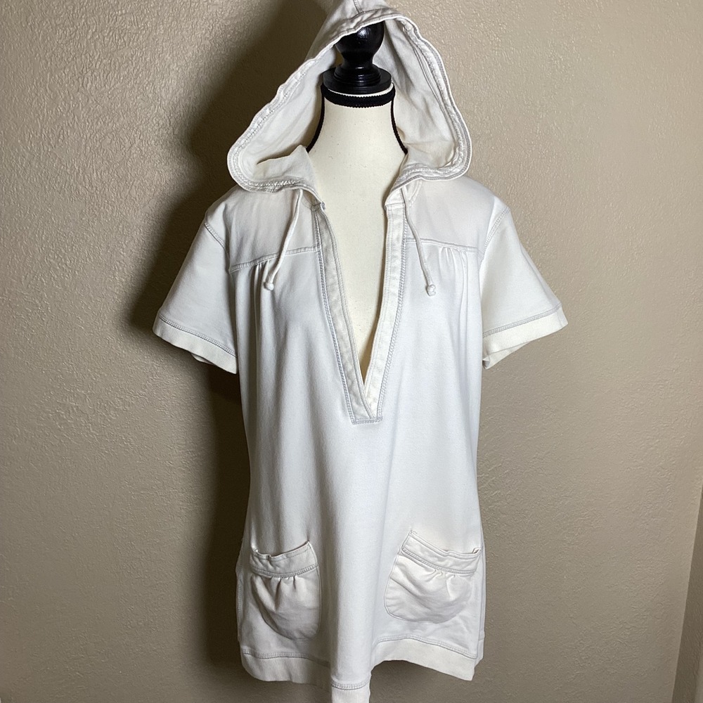 Pulp Women's Cream Short Sleeve Deep V-Neck Hoodie Tunic Size XL Pockets Cotton